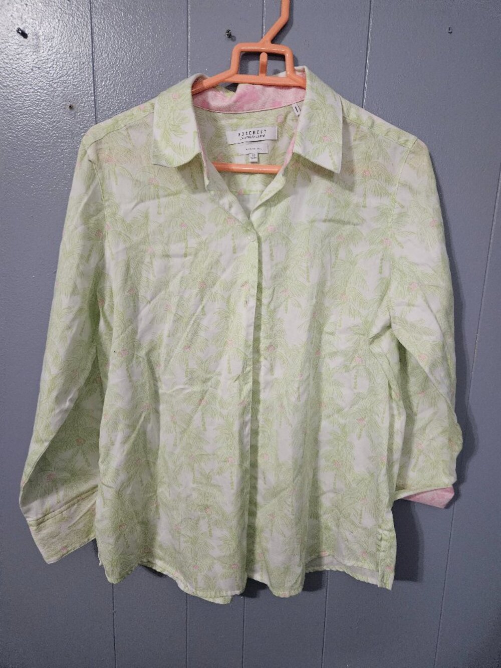 Foxcroft for Appleseed's Green Palm Tree Floral Button Down Shirt Sz 10